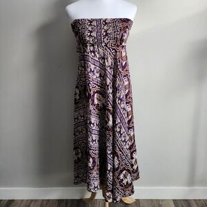 Elephant Print Convertible Maxi Dress Womens Medium Purple Thailand Smocked Tie
